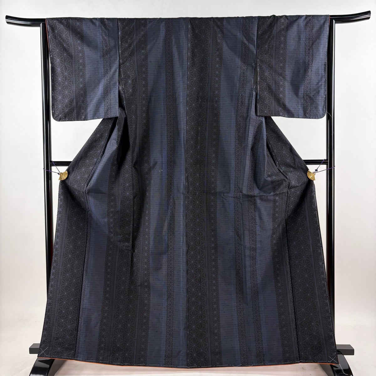 美品】 紬 身丈164cm 裄丈64cm M 袷 名古屋帯セット 麻の葉 縦縞 紺色