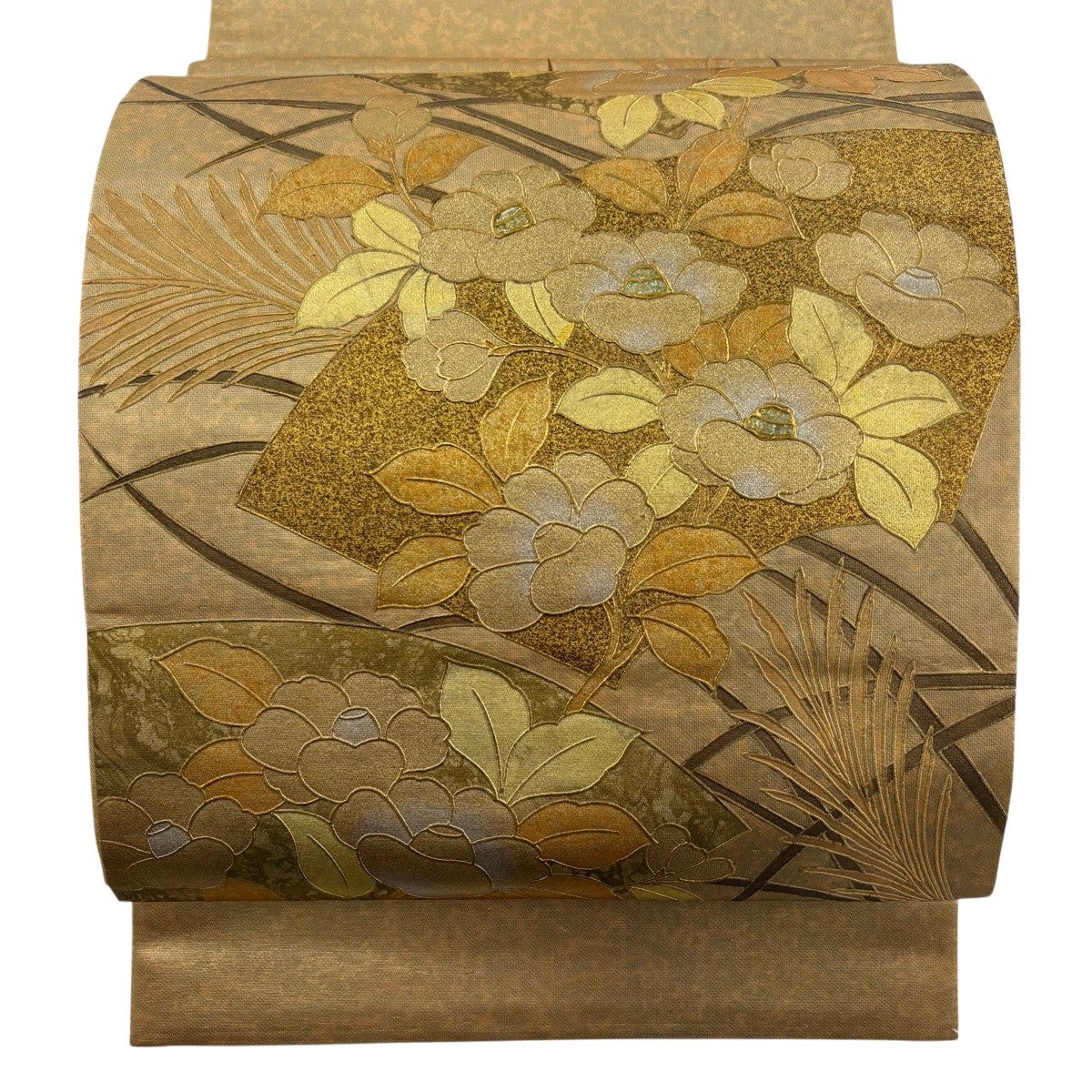 【美品】袋帯　螺鈿箔　風景　銀糸金糸　お太鼓柄 袋帯 名品 椿 扇面 螺鈿 金銀彩 金色 お太鼓柄 正絹｜中古・古着