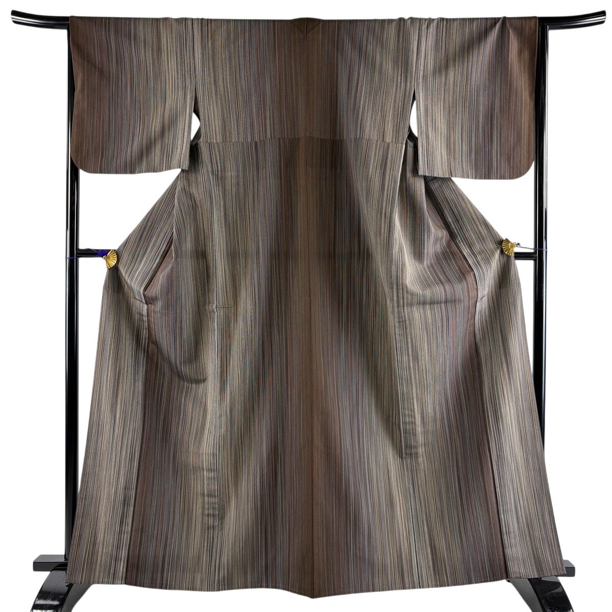 美品】お召 身丈163cm 裄丈65.5cm M 単衣 バチ衿 縦縞 焦茶色 正絹