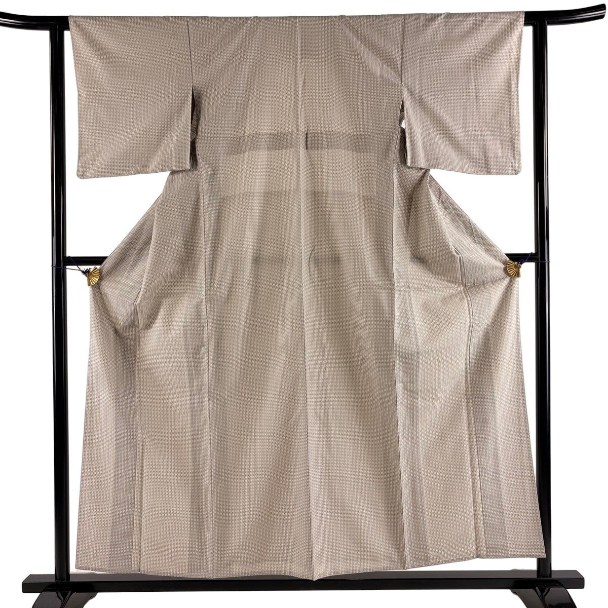 美品】 紬 身丈156.5cm 裄丈64cm M 単衣 瓢箪 縞 ベージュ 正絹 名品