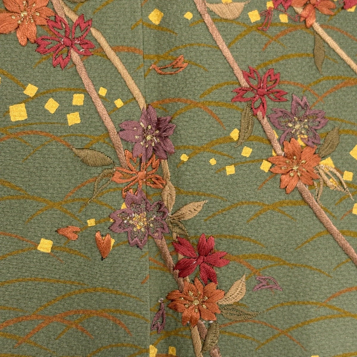 訪問着 身丈152cm 裄丈62cm S 袷 桜 芝 刺繍 金彩 山吹色 正絹 秀品