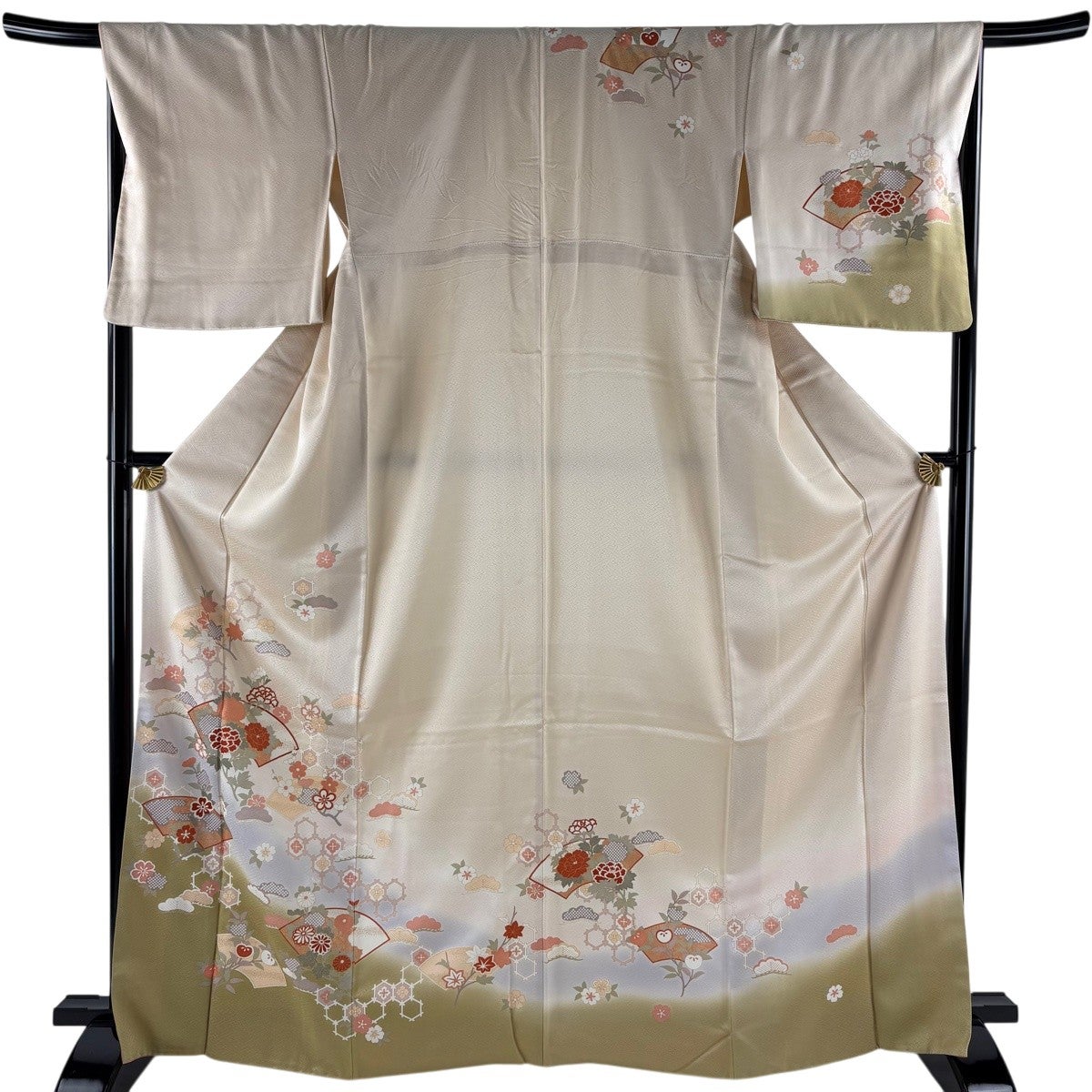 訪問着 身丈166.5cm 裄丈67cm M 袷 扇面 草花 染分け 金彩 ベージュ