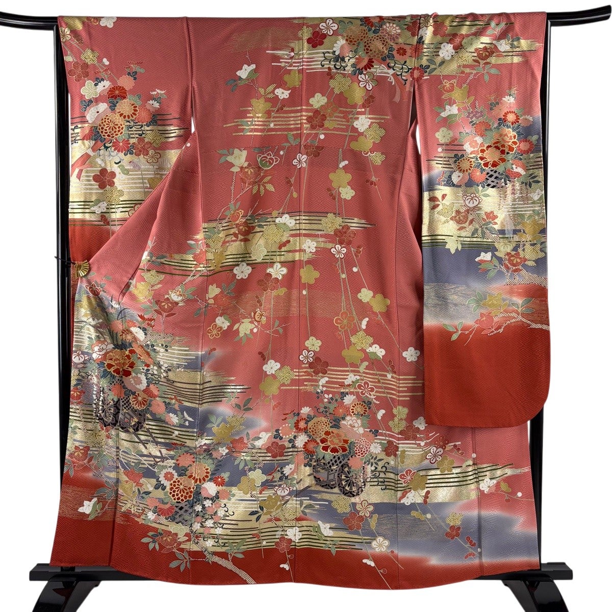 振袖 身丈159cm 裄丈65.5cm M 袷 花車 霞 金糸 金銀彩 ピンク 正絹 秀