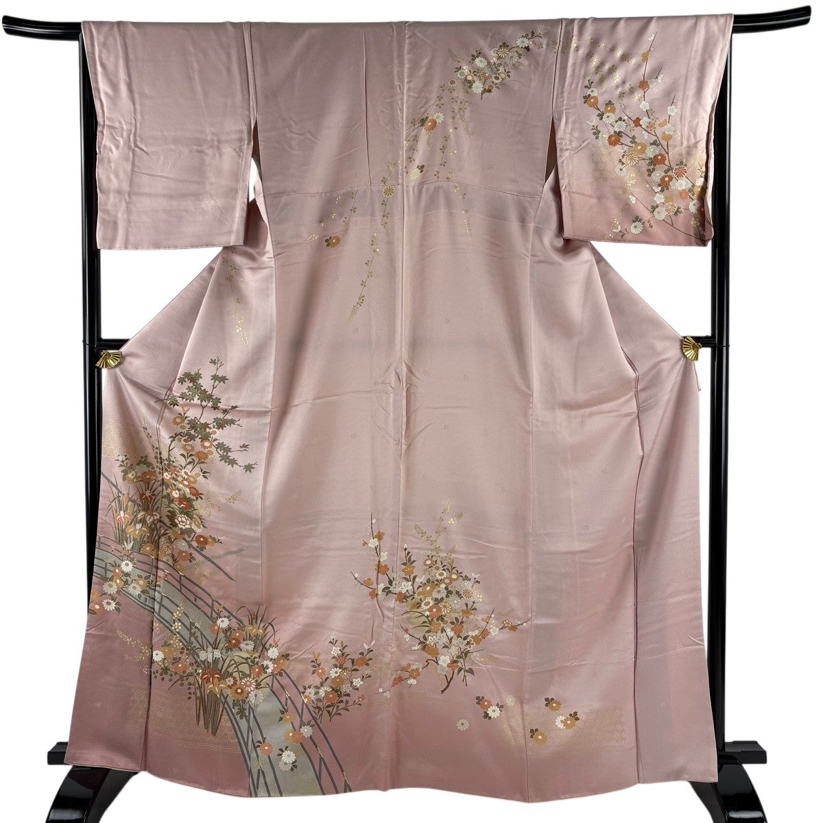 訪問着 身丈164cm 裄丈67.5cm L 袷 椿 金彩 ぼかし 青灰色 正絹 名品