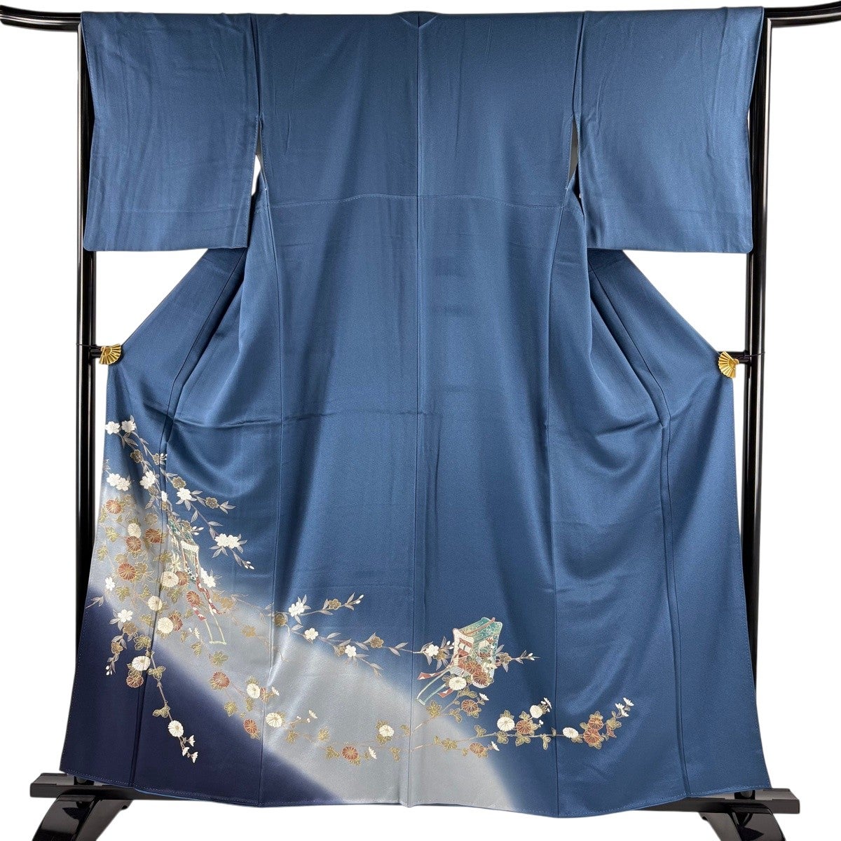 振袖 身丈168cm 裄丈66.5cm M 袷 松竹梅 花鳥 金彩 染分け 青 正絹 優品 【