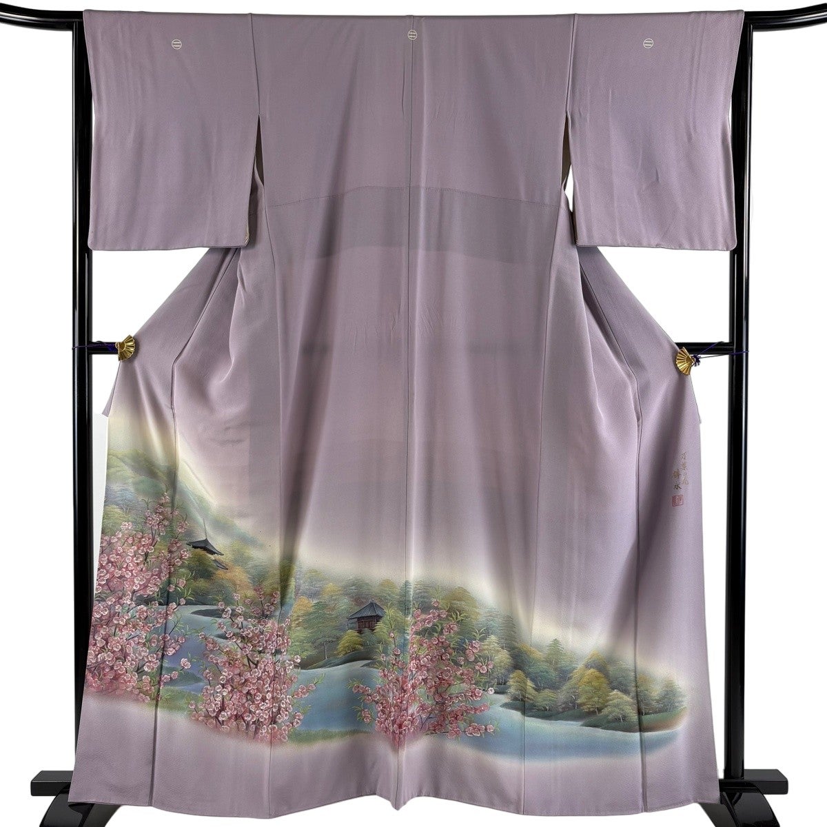 美品　色留袖　袷　正絹　着物　紫　薄紫　手書き　アンティーク 色留袖 身丈159cm 裄丈65cm M 袷 万葉の光 落款あり 風景 枝花 ぼかし