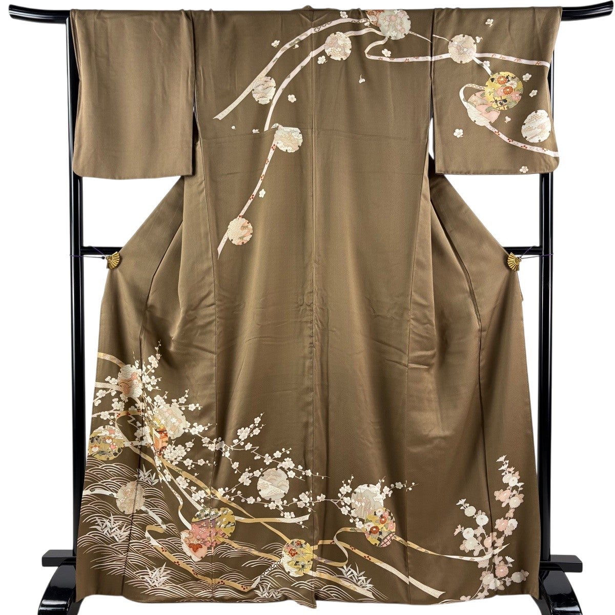 訪問着 身丈168.5cm 裄丈69cm L 袷 松竹梅 御所車 金糸 金彩 茶色 正絹