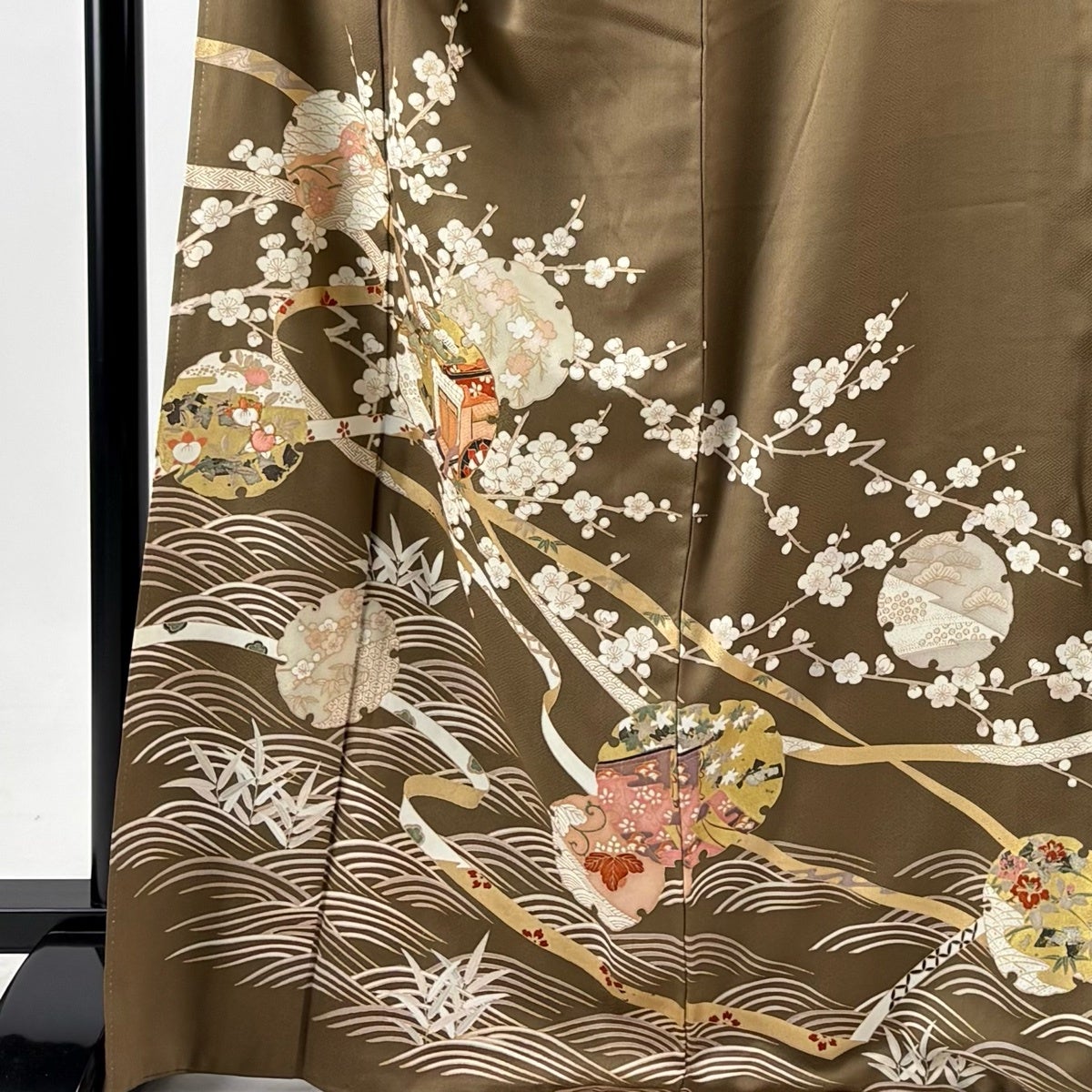 訪問着 身丈168.5cm 裄丈69cm L 袷 松竹梅 御所車 金糸 金彩 茶色 正絹
