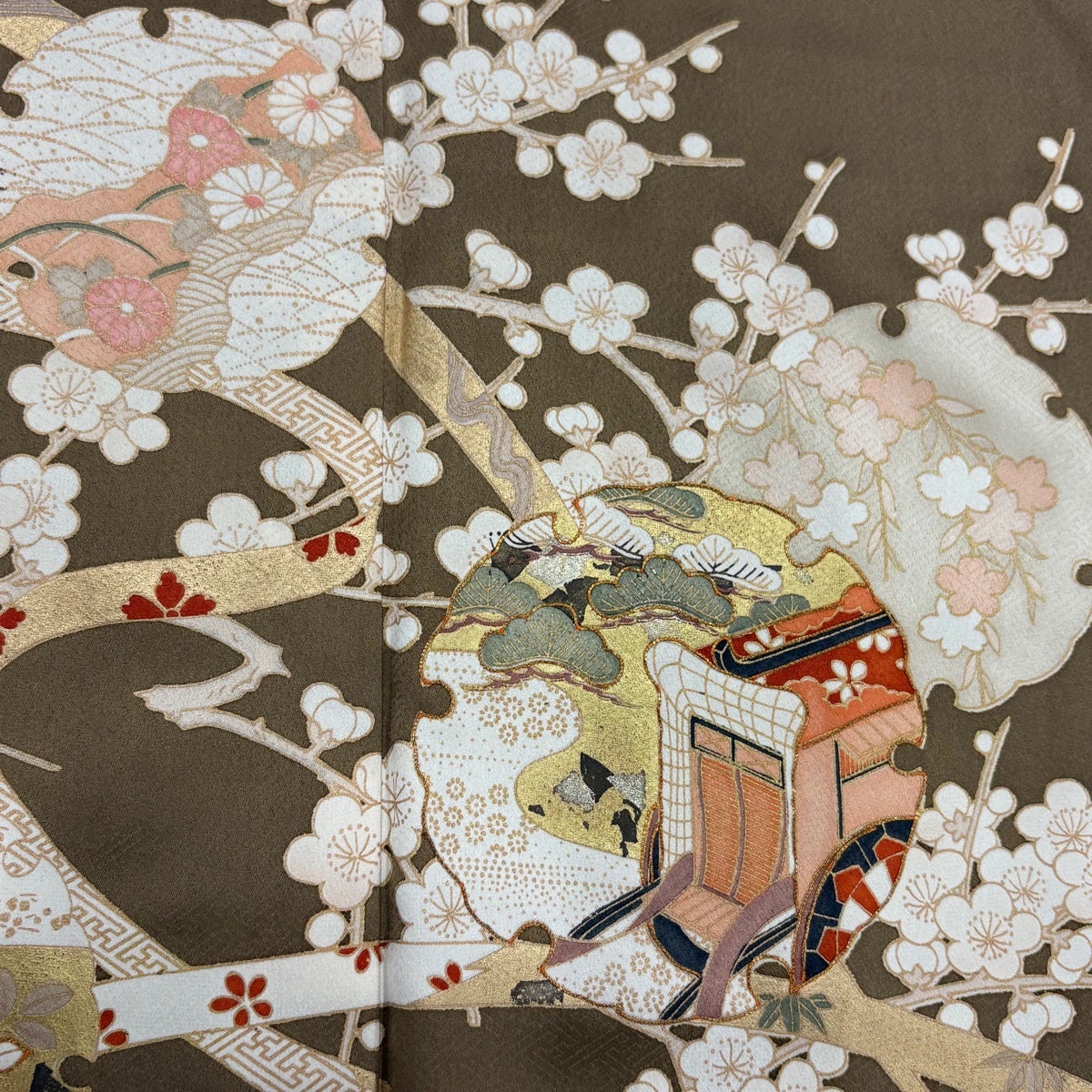 訪問着 身丈168.5cm 裄丈69cm L 袷 松竹梅 御所車 金糸 金彩 茶色 正絹