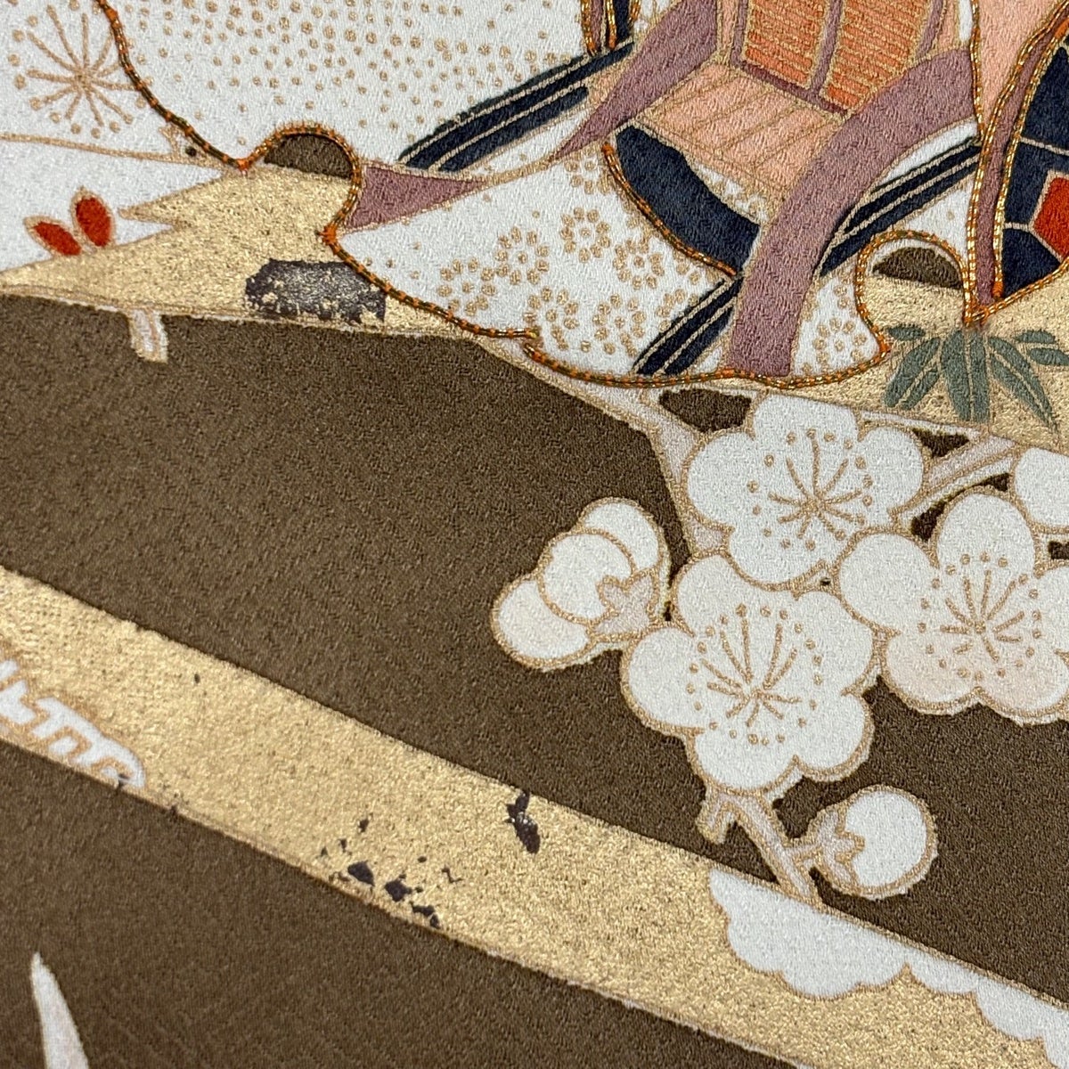 訪問着 身丈168.5cm 裄丈69cm L 袷 松竹梅 御所車 金糸 金彩 茶色 正絹