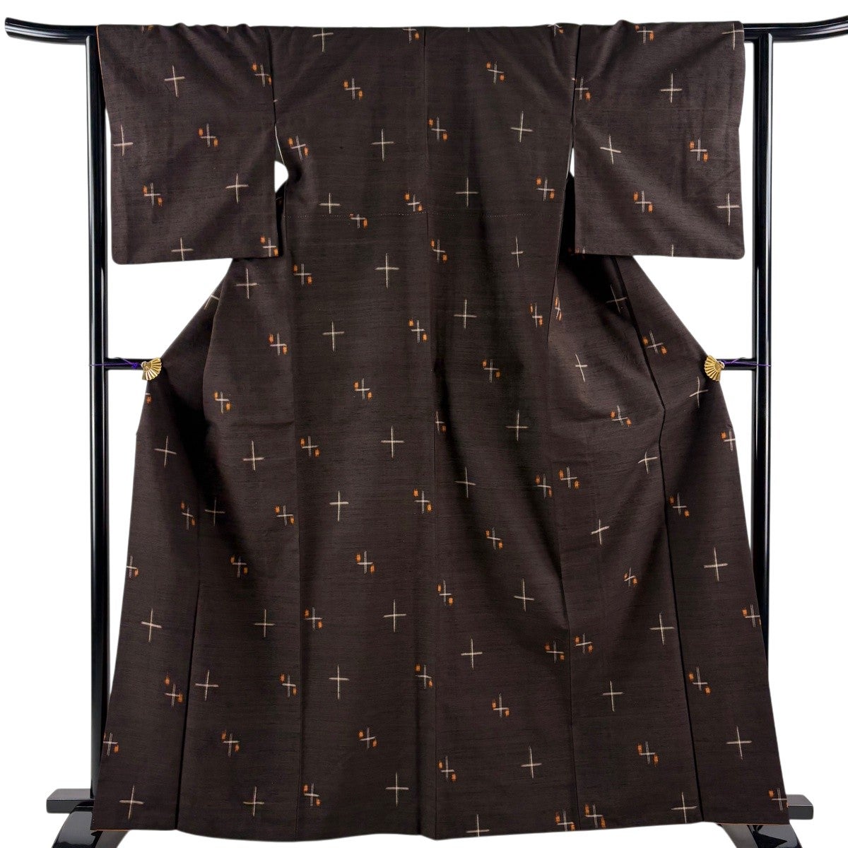 美品】 紬 身丈157cm 裄丈64cm M 袷 絣柄 縦縞 焦茶色 正絹 名品｜中古