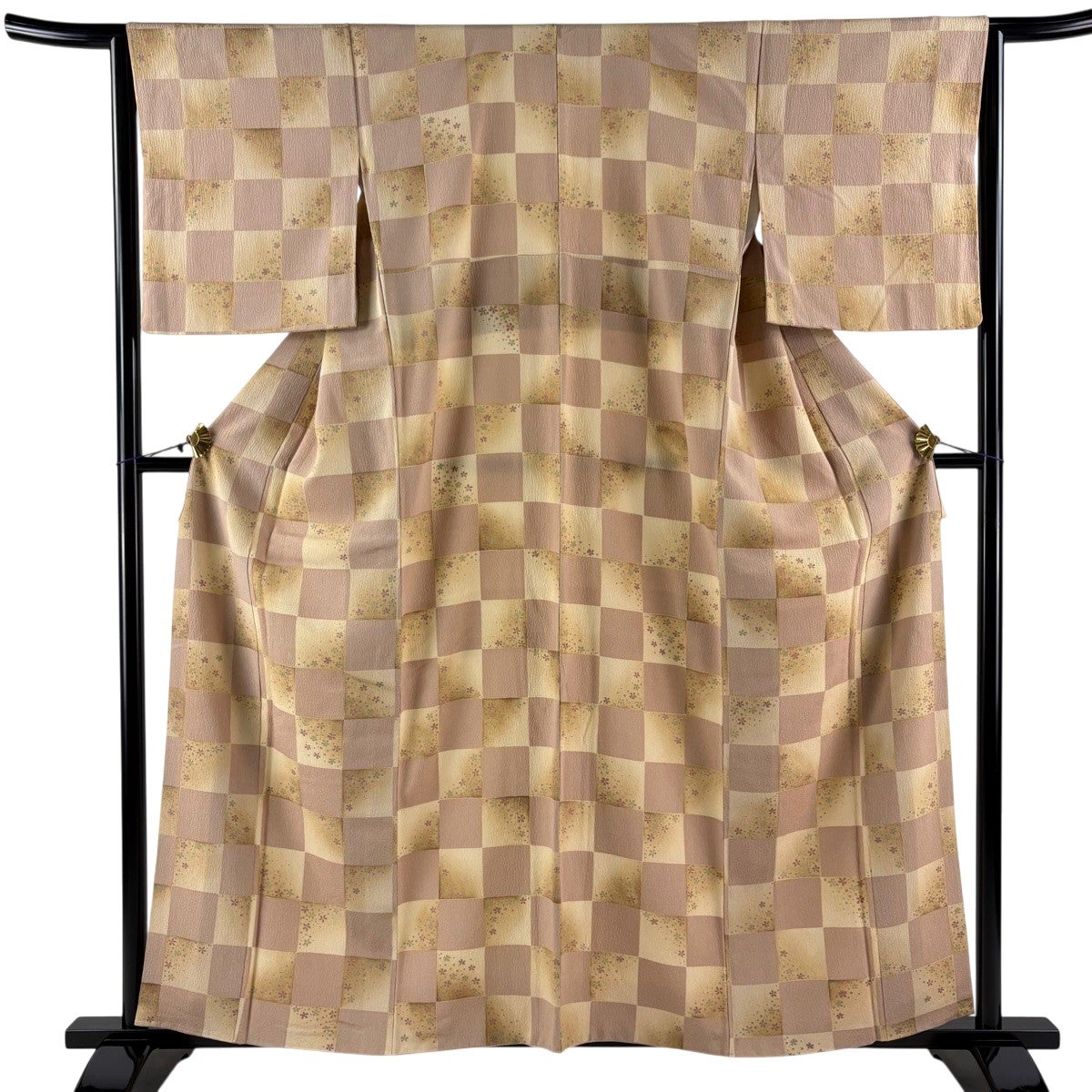 美品】 小紋 身丈159cm 裄丈63cm S 袷 市松 桜 薄茶色 正絹 秀品｜中古