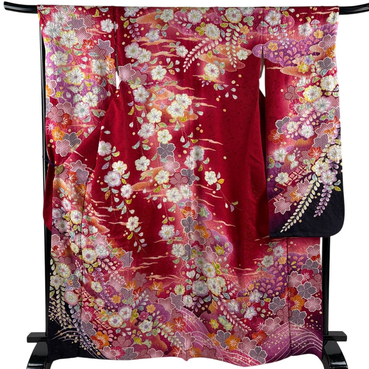 美品】 振袖 身丈167cm 裄丈68cm L 袷 辻が花柄 霞 銀通し 絞り 赤