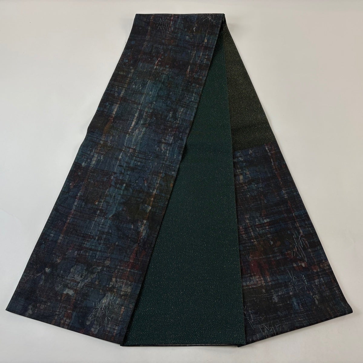 美品】 袋帯 逸品 落款あり 木村幸啓 幾何学模様 螺鈿 箔 青緑 お太鼓