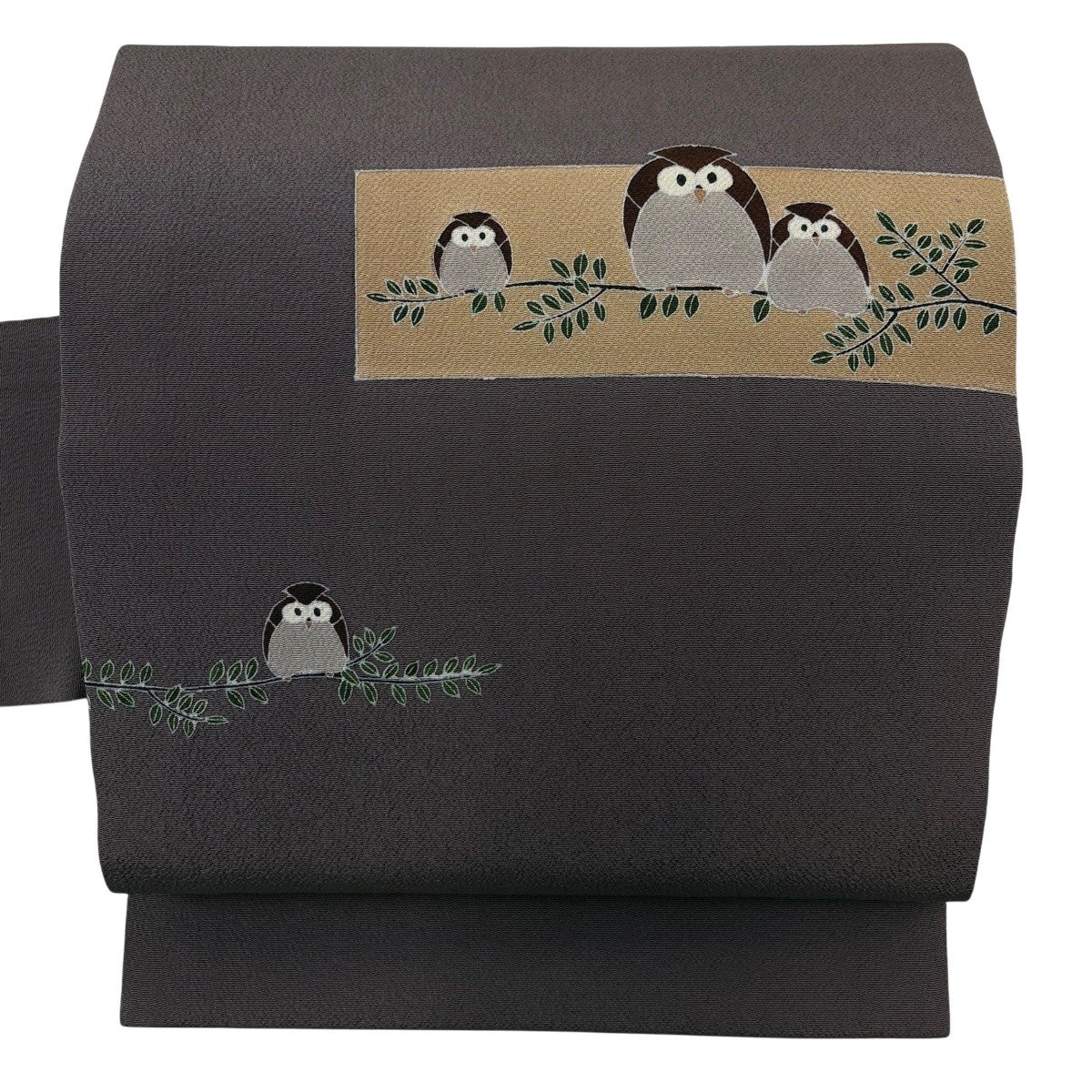 美品】 名古屋帯 逸品 ふくろう 枝葉 縮緬 茶紫 正絹｜中古・古着