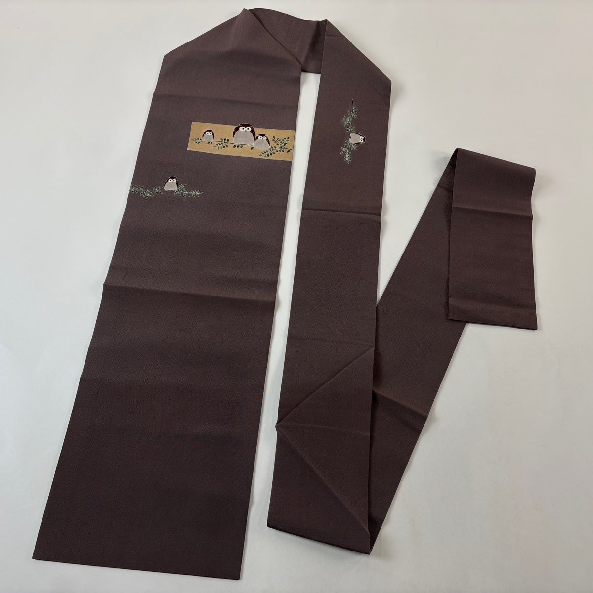 美品】 名古屋帯 逸品 ふくろう 枝葉 縮緬 茶紫 正絹｜中古・古着
