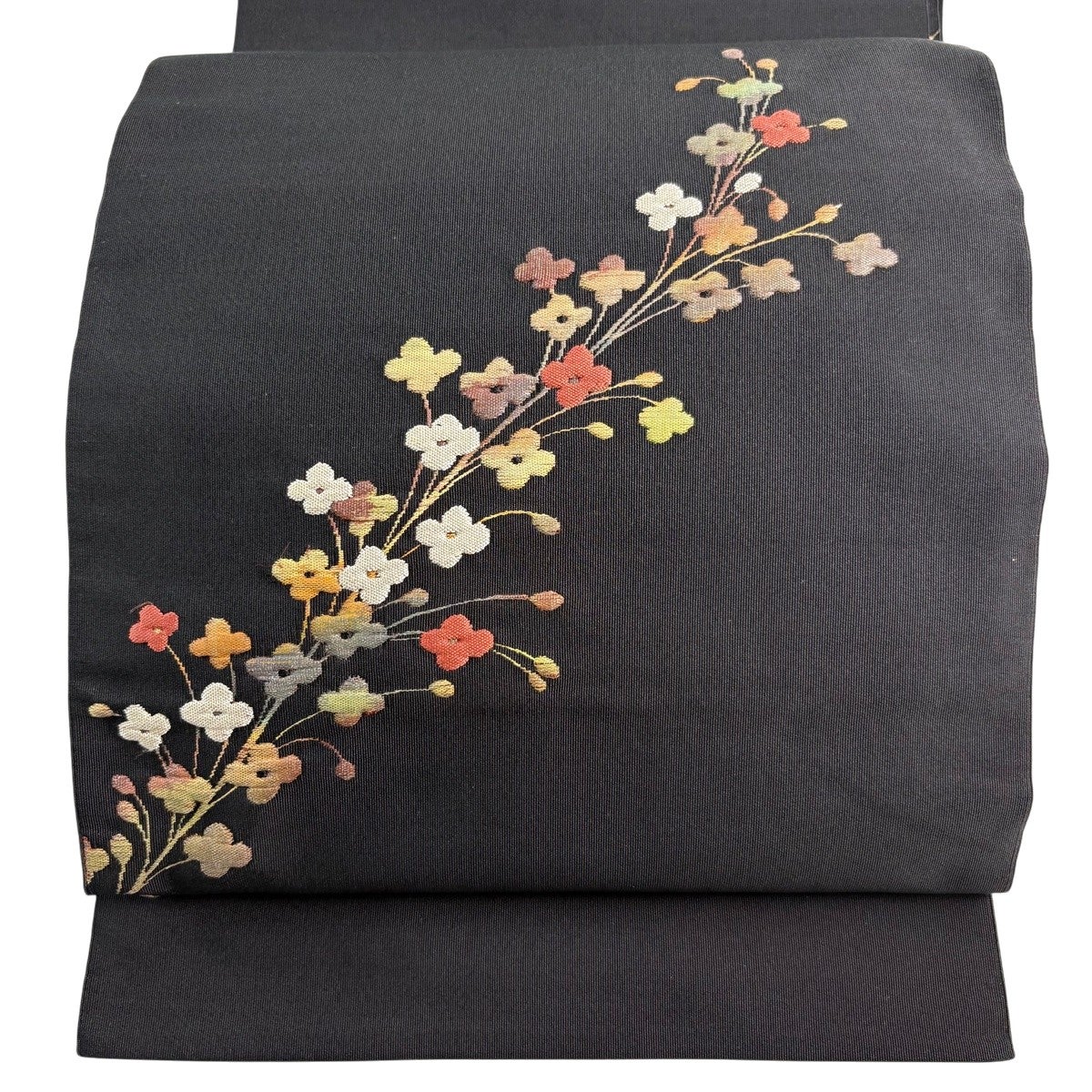 美品】 名古屋帯 優品 八寸名古屋帯 草花 黒 正絹｜中古・古着