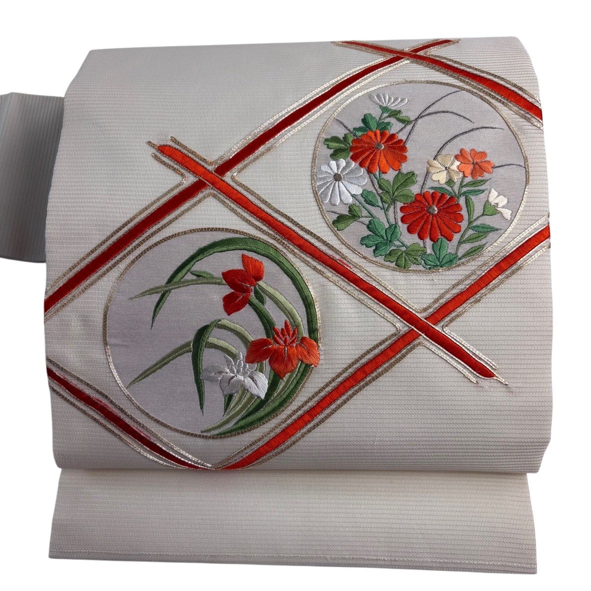 名古屋帯 優品 夏帯 絽 丸文 草花 金糸 刺繍 クリーム 正絹｜中古