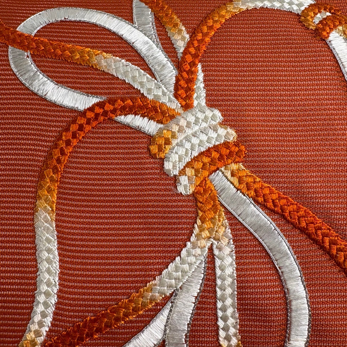 名古屋帯 優品 夏帯 紗 組紐 刺繍 銀糸 オレンジ 正絹｜中古・古着