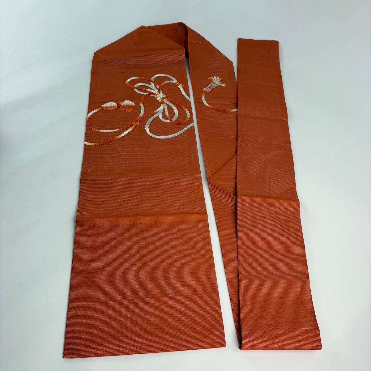 名古屋帯 優品 夏帯 紗 組紐 刺繍 銀糸 オレンジ 正絹｜中古・古着