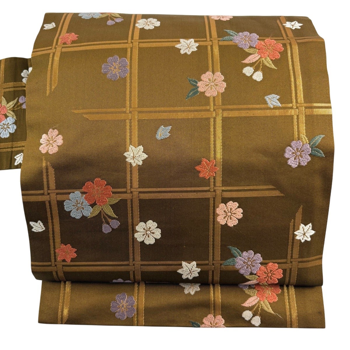 名古屋帯 優品 桜 格子 唐織 箔 茶色 正絹｜中古・古着・リサイクル