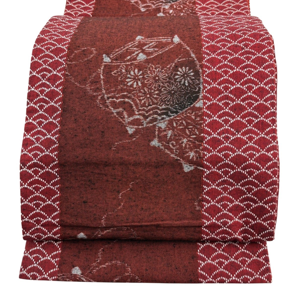 未使用品 名古屋帯 黒 桜花 もみじ 長さ3ｍ63㎝ お洒落 カジュアル 正絹 美品】 名古屋帯 優品 花 葉柄 えんじ色 正絹｜中古・古着・リサイクル