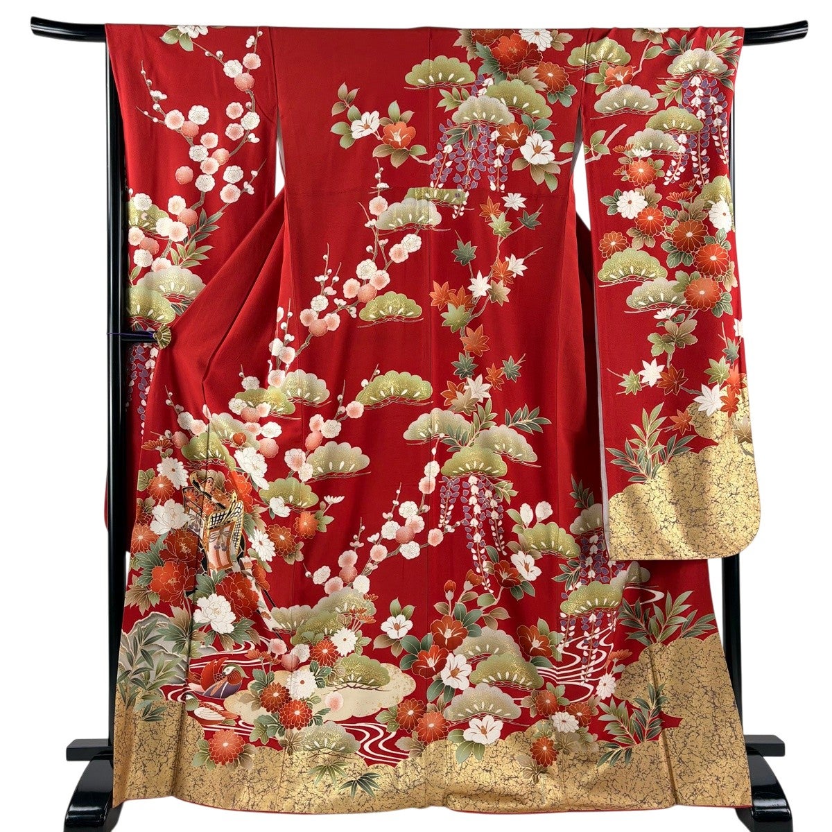 振袖 身丈161.5cm 裄丈64.5cm M 袷 御所車 牡丹 金彩 赤 正絹 秀品