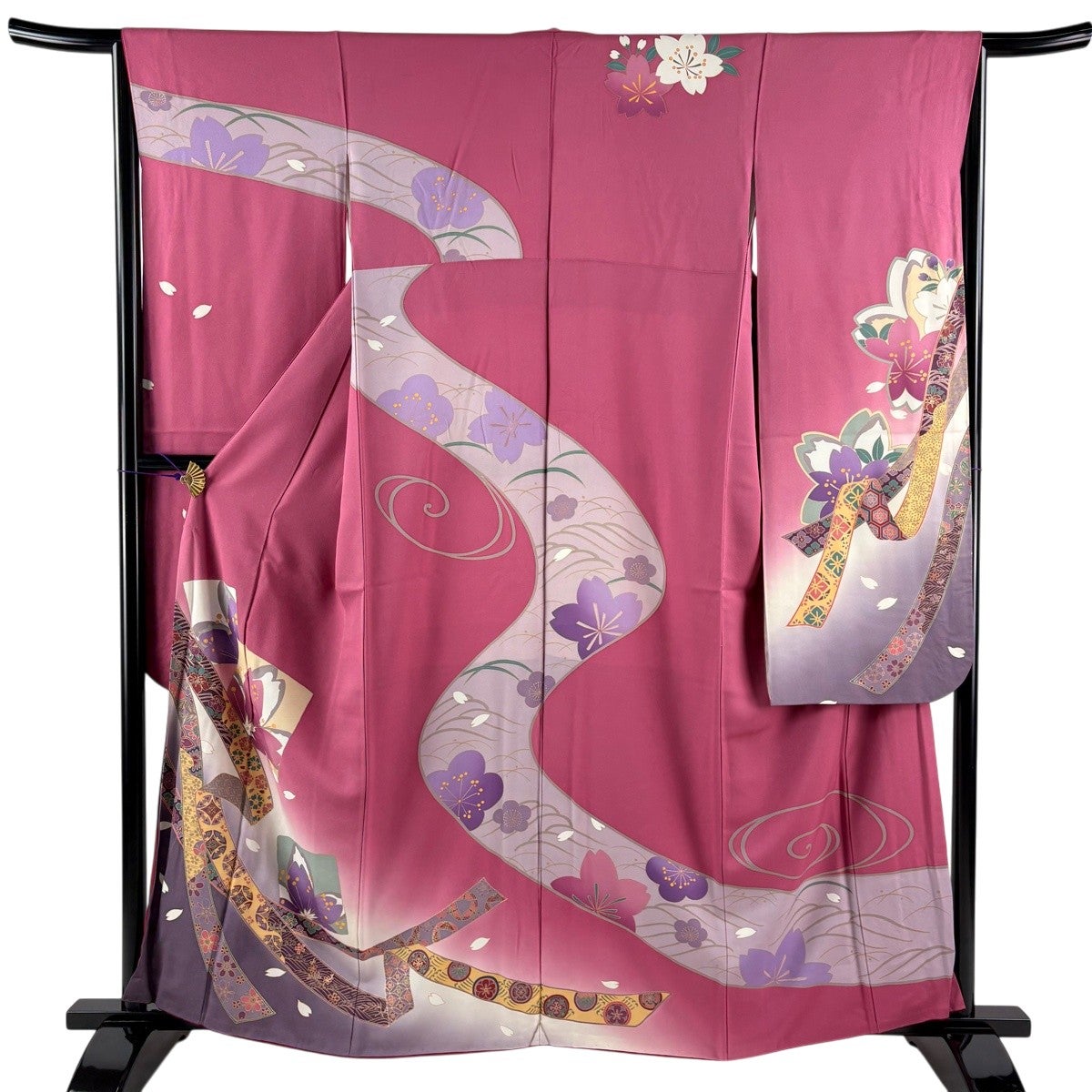 振袖 身丈160.5cm 裄丈64.5cm M 袷 桜 蔓帯 金彩 ぼかし 濃ピンク 正絹