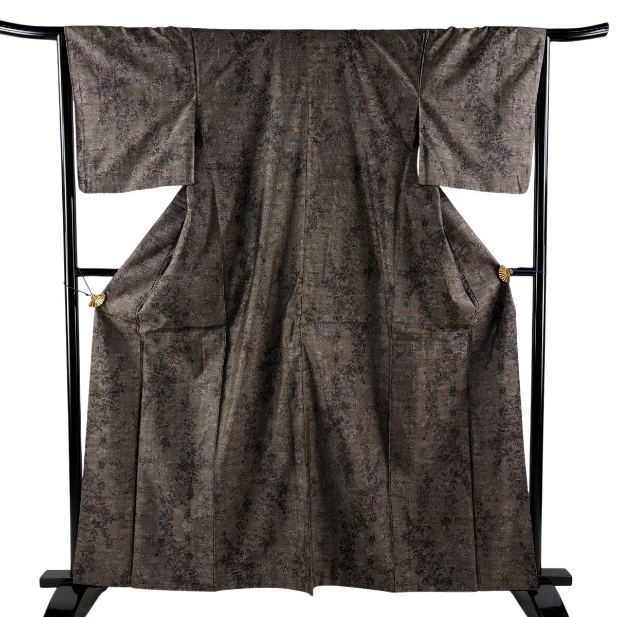 美品】 紬 身丈167cm 裄丈65.5cm M 袷 小千谷紬 証紙あり 華文 草花 灰