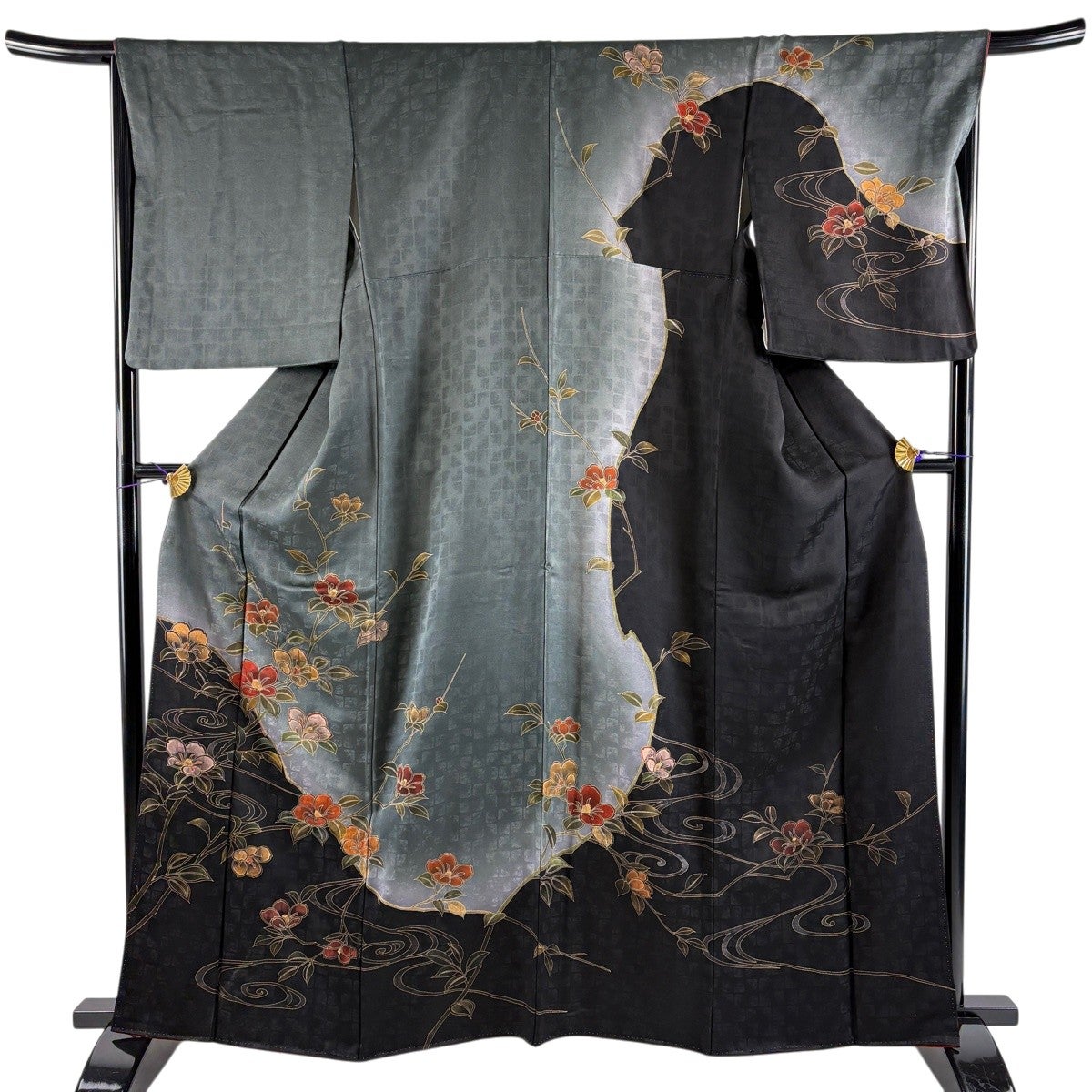 訪問着 身丈166.5cm 裄丈66cm M 袷 草花 流水 総絞り 黒 正絹 名品