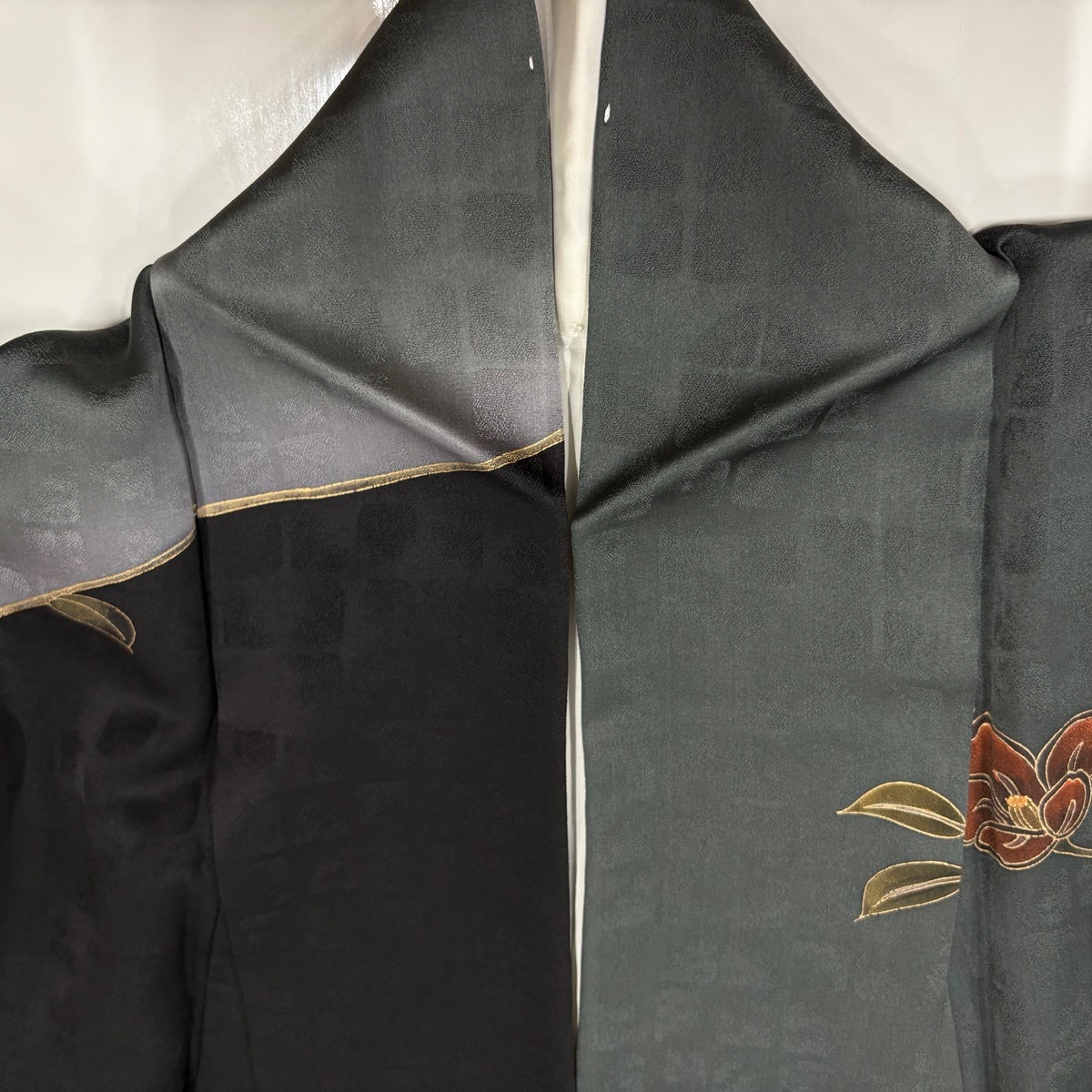 訪問着 身丈162cm 裄丈67cm M 袷 椿 流水 金彩 深緑 正絹 秀品｜中古