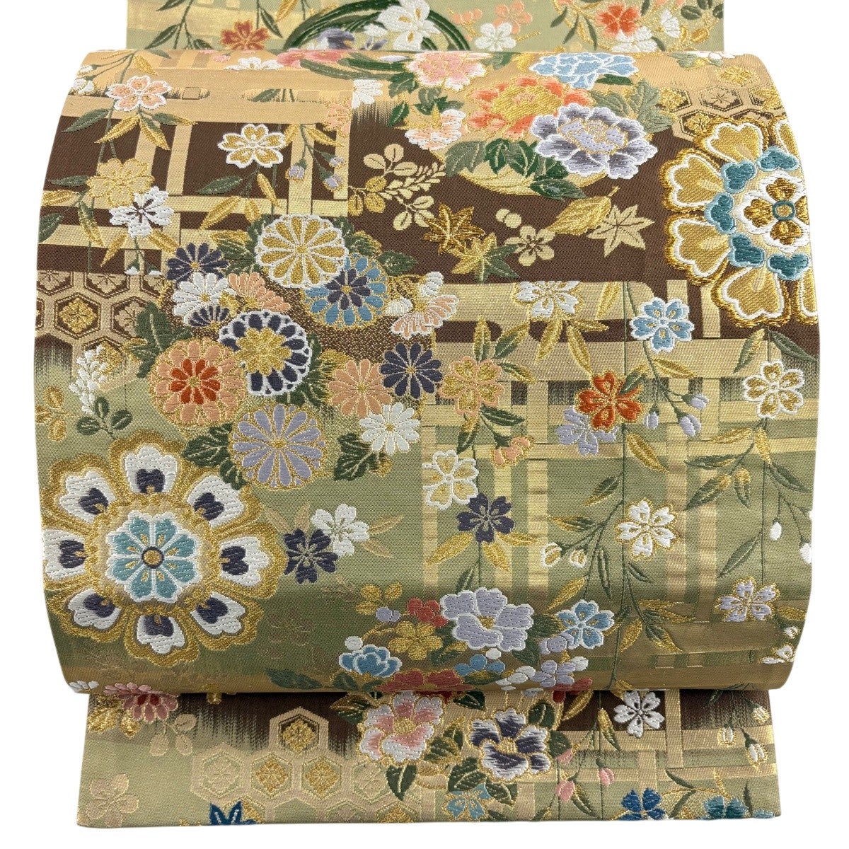 70%OFF 【美品】 袋帯 秀品 花丸文 草花 唐織 金糸 黄土色 六通 正絹