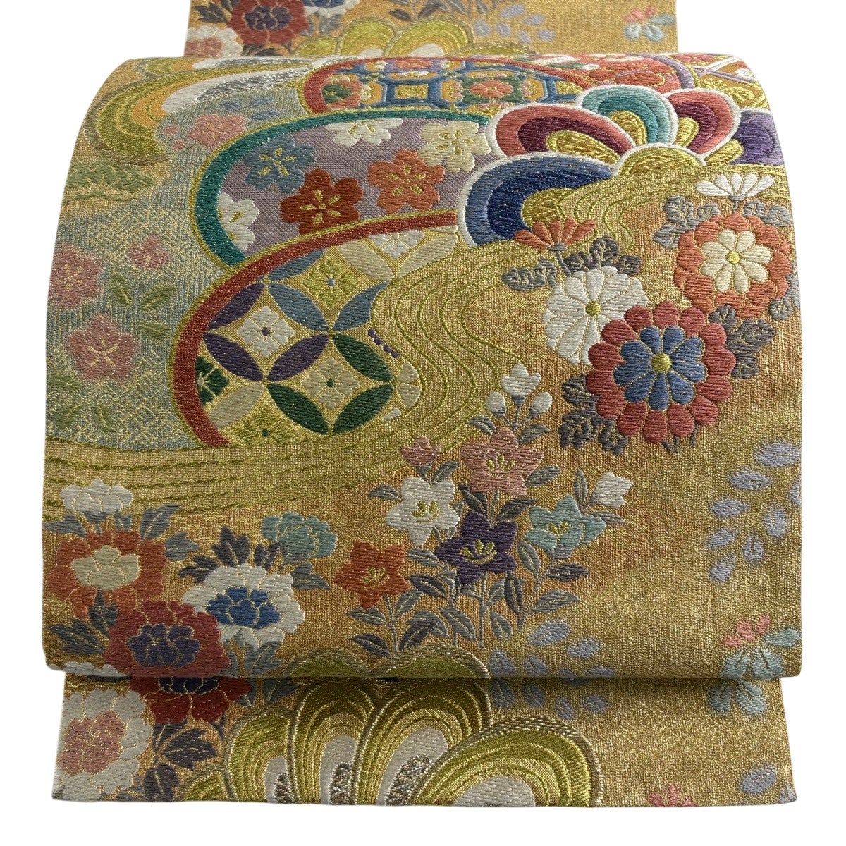 美品】 名古屋帯 秀品 八寸名古屋帯 草花 ヱ霞 金銀糸 箔 焦茶色 正絹