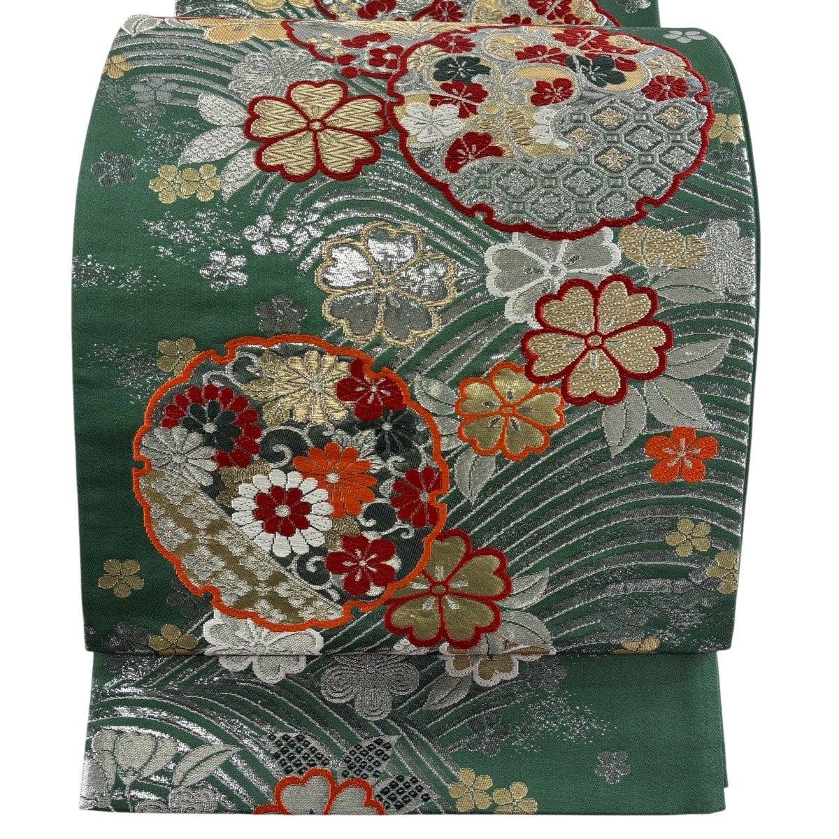 袋帯 秀品 桜 流水 金銀糸 箔 ベージュ 六通 正絹｜中古・古着