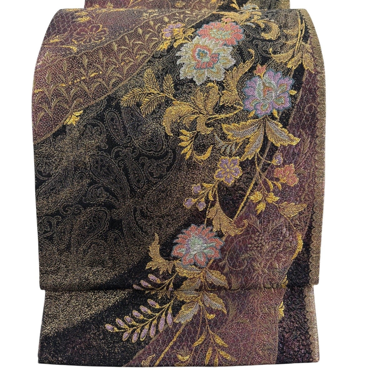 袋帯 秀品 牡丹唐草 金銀糸 箔 灰色 六通 正絹｜中古・古着