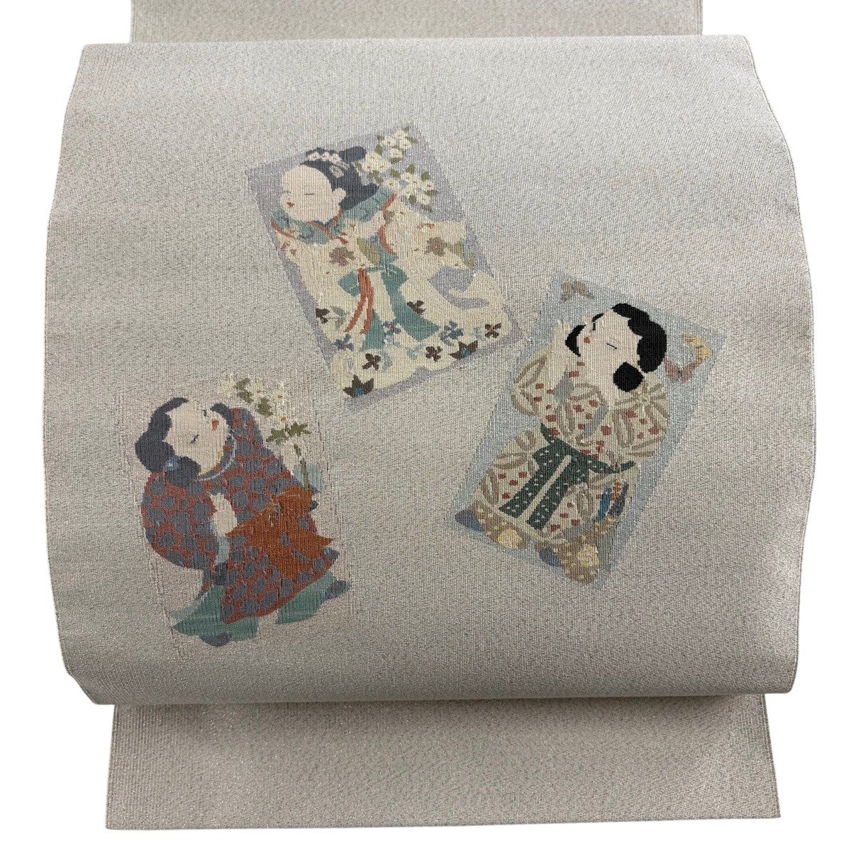 美品】 名古屋帯 秀品 八寸名古屋帯 松葉仕立て 童 銀通し 灰色 正絹