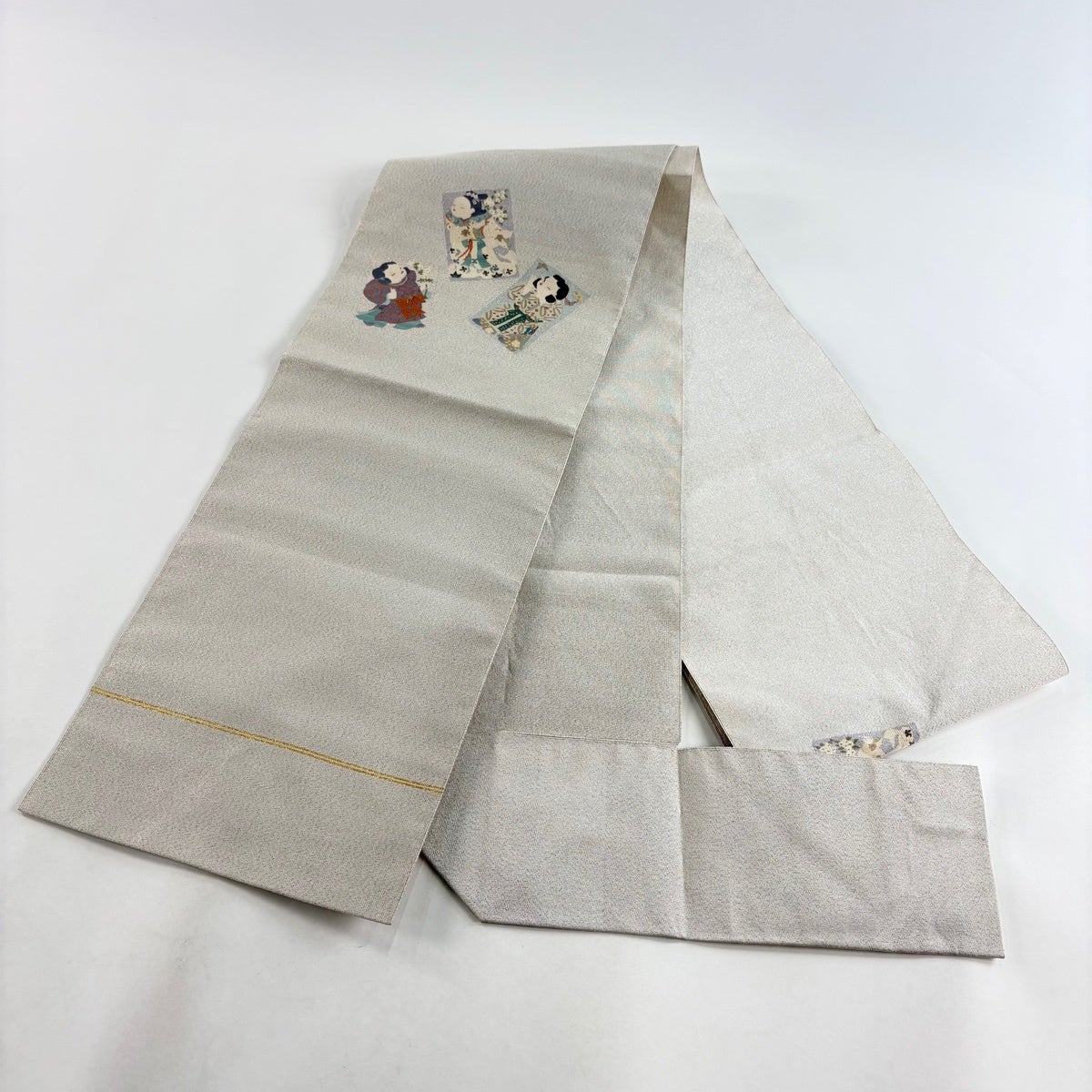 美品】 名古屋帯 秀品 八寸名古屋帯 松葉仕立て 童 銀通し 灰色 正絹