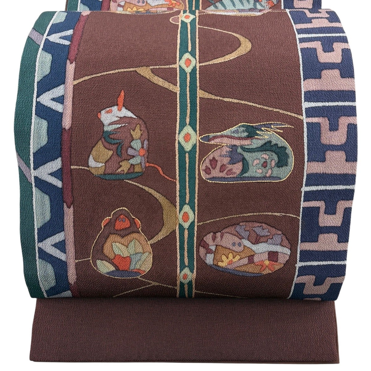 名古屋帯 秀品 花器 霞 金彩 縮緬 抹茶色 正絹｜中古・古着