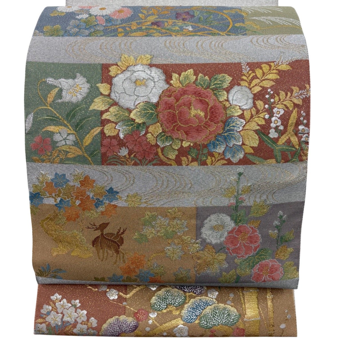 袋帯 秀品 落款あり 格天井 松 金銀糸 箔 灰白 六通 正絹｜中古・古着 