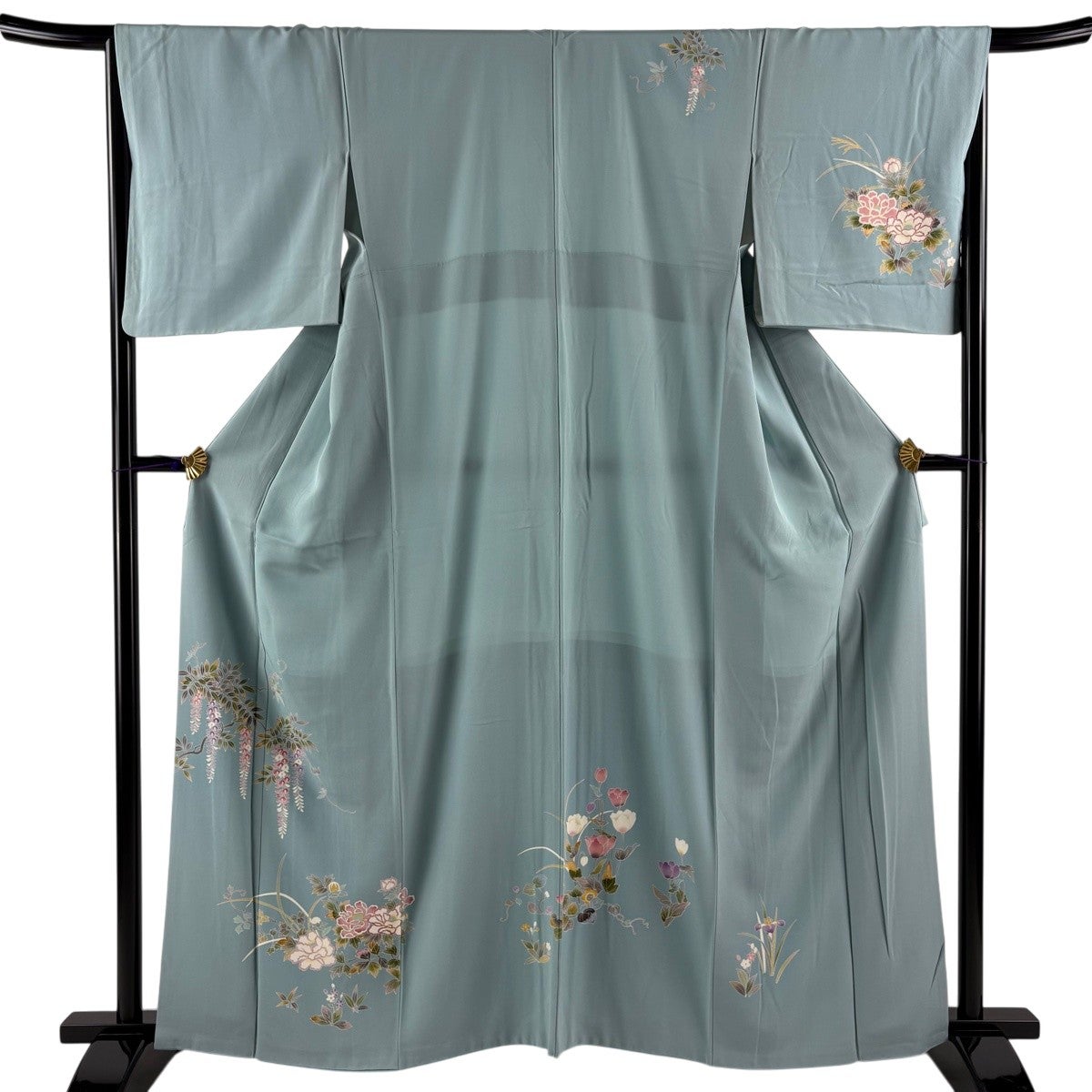 訪問着 身丈161.5cm 裄丈66cm M 袷 藤 牡丹 水色 正絹 秀品｜中古