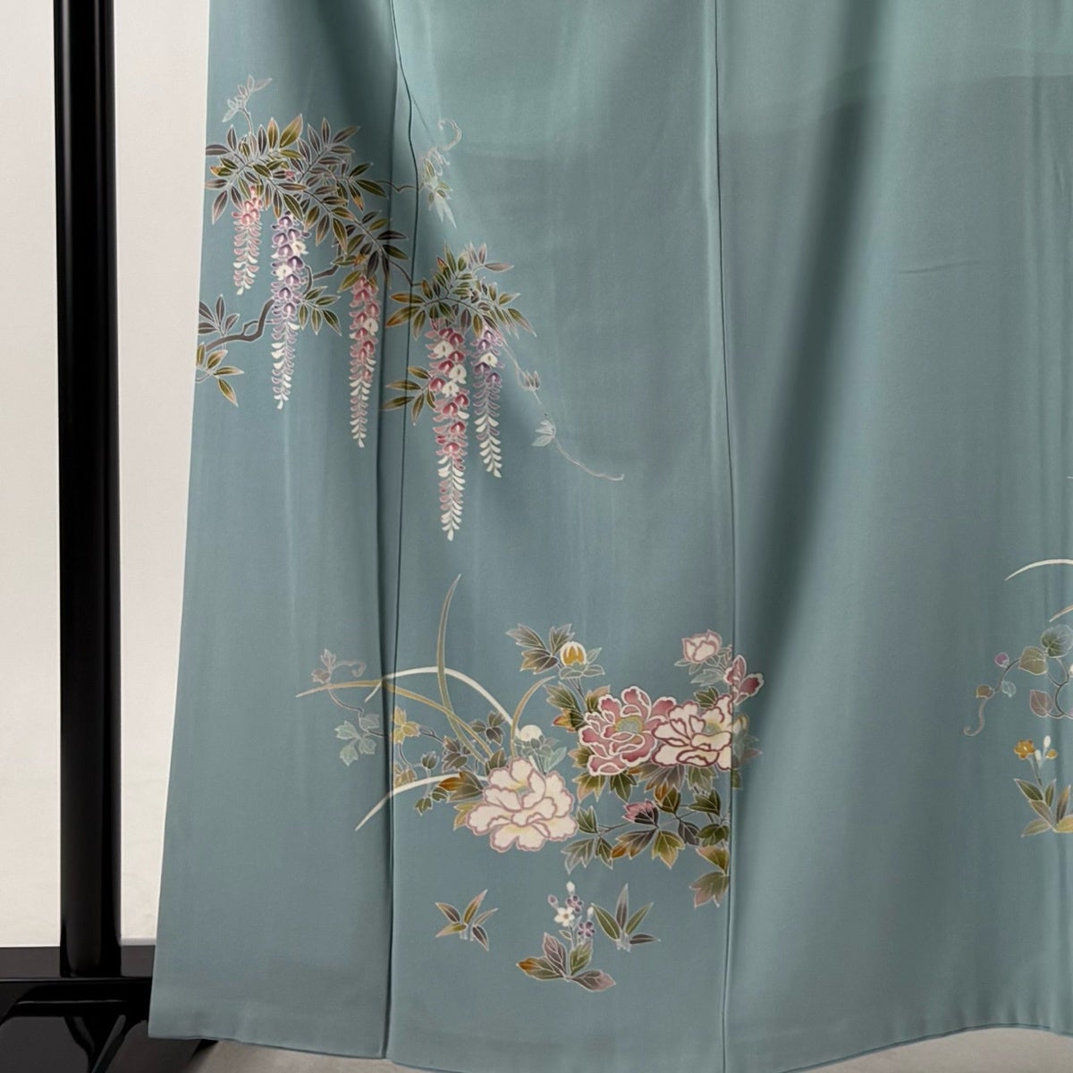 訪問着 身丈161.5cm 裄丈66cm M 袷 藤 牡丹 水色 正絹 秀品｜中古