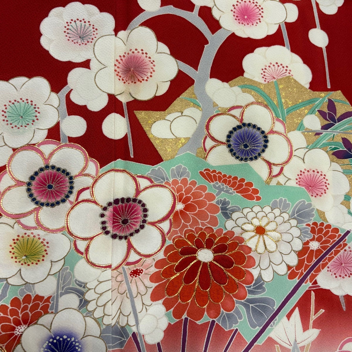 振袖 身丈169cm 裄丈67.5cm L 袷 扇 枝梅 金銀糸 刺繍 薄ピンク 正絹