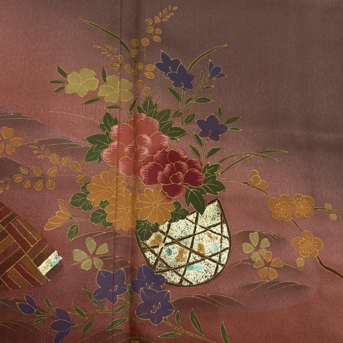 美品】 訪問着 身丈154.5cm 裄丈63cm S 袷 花籠 波 金彩 ぼかし 小豆色