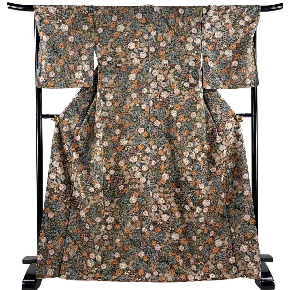 小紋 身丈169.5cm 裄丈68.5cm L 袷 辻が花柄 金彩 茶緑色 正絹 秀品