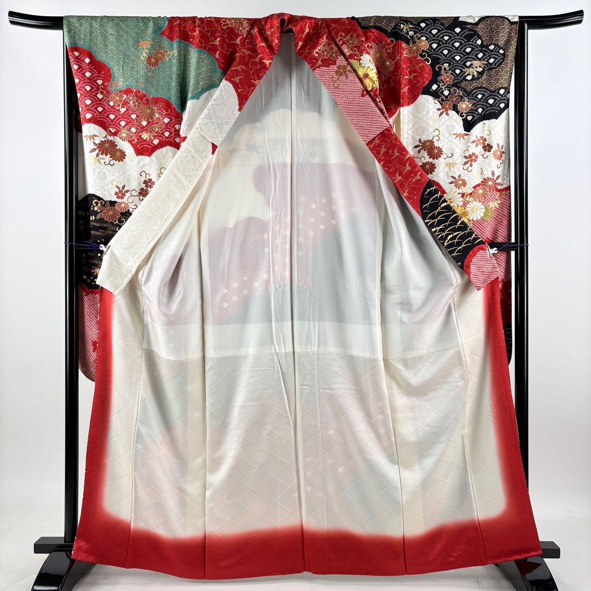 振袖 身丈164cm 裄丈66cm M 袷 菊唐草 雲文 絞り 刺繍 赤 正絹 秀品