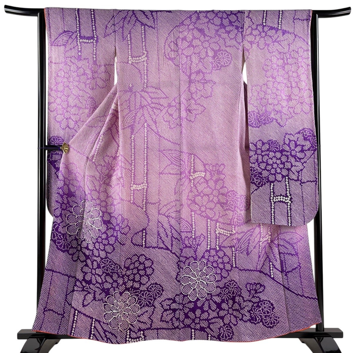 振袖 身丈160cm 裄丈64cm M 袷 菊 笹 総絞り 銀糸 紫 正絹 秀品｜中古
