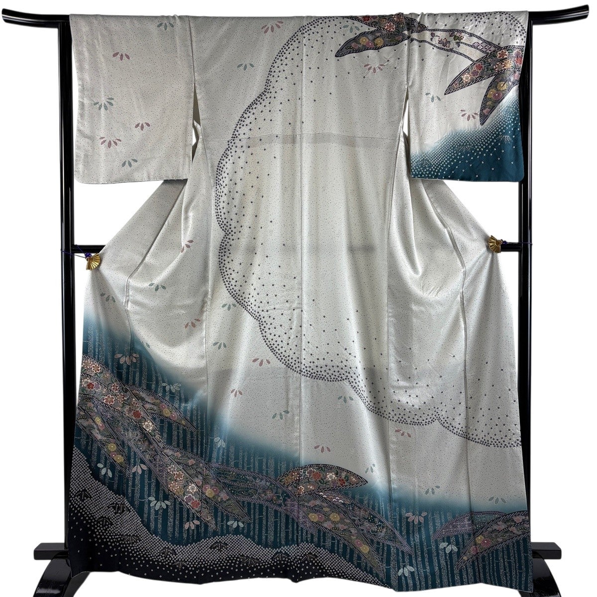 訪問着 身丈166.5cm 裄丈66.5cm M 袷 松竹梅 桜 絞り 金彩 灰白 正絹