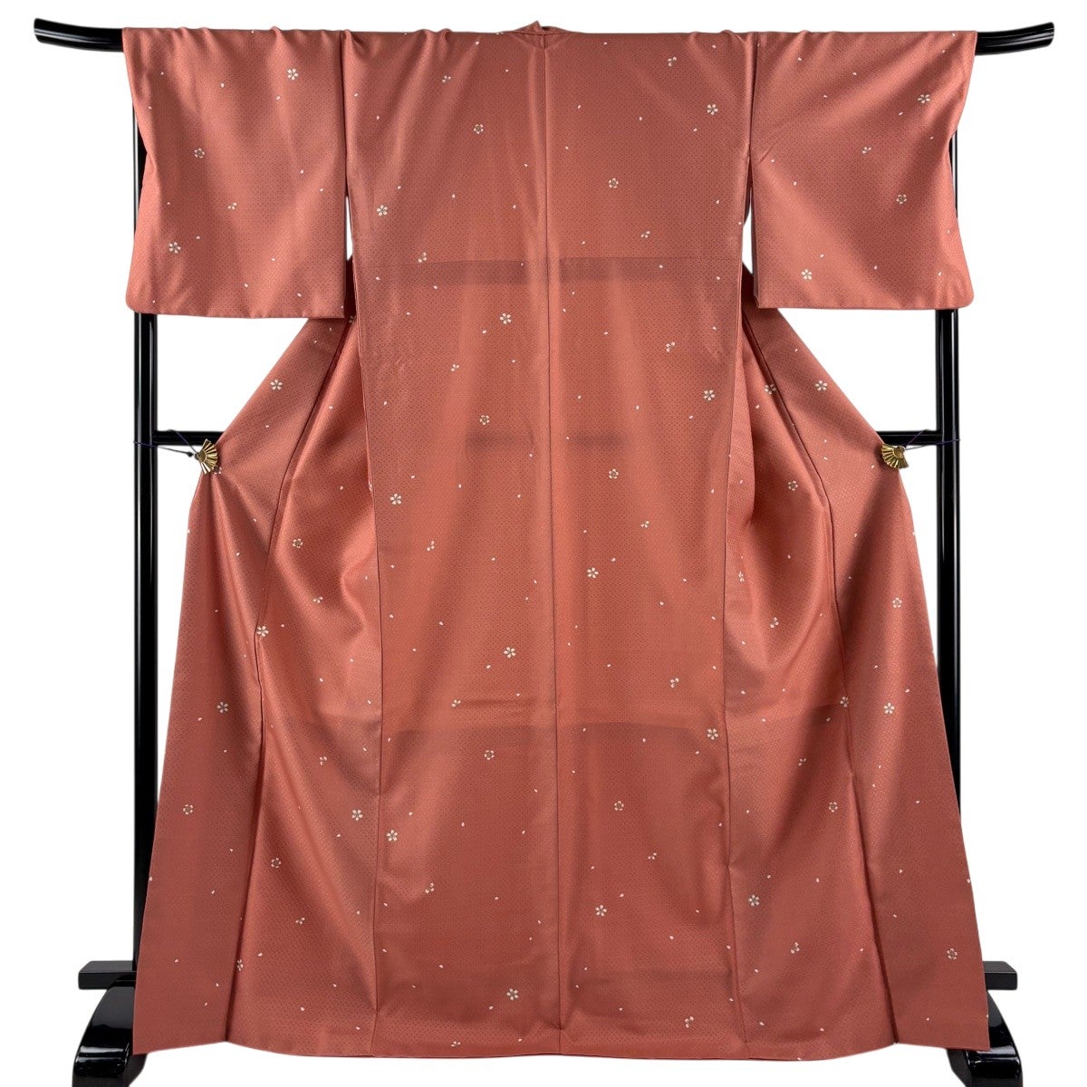 美品】 小紋 身丈170cm 裄丈70.5cm L 袷 桜 地紋 朱色 化繊 秀品｜中古