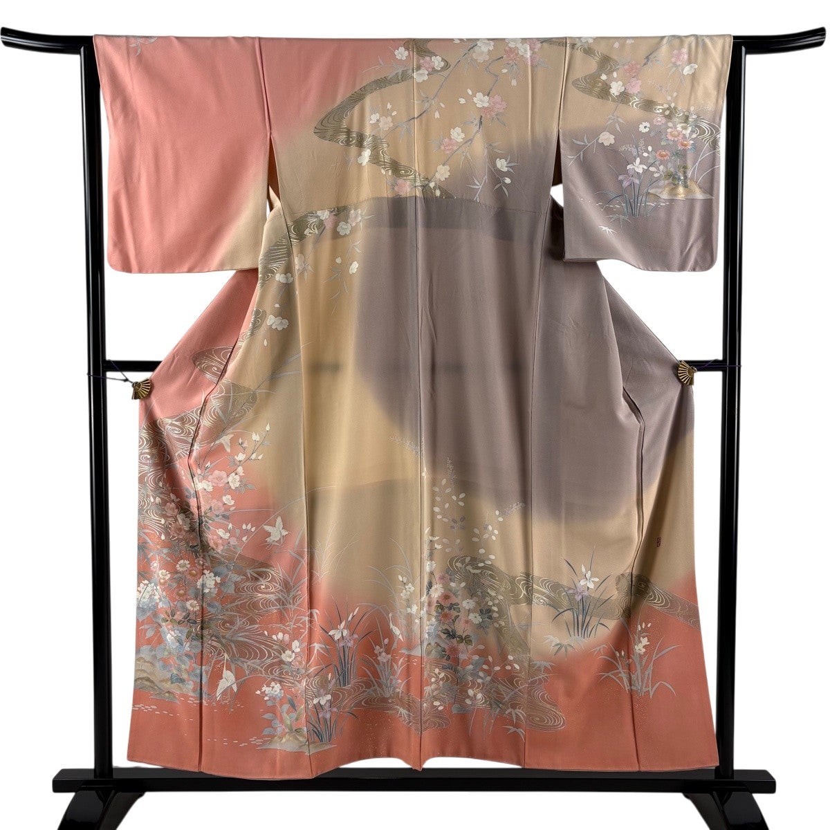 Y*o様 【オークション用】【琉球花織】●真綿● 身丈→155 袖丈→49ゆき→ 美品】 訪問着 身丈155cm 裄丈64.5cm M 袷 落款あり 花鳥 流水 金銀彩