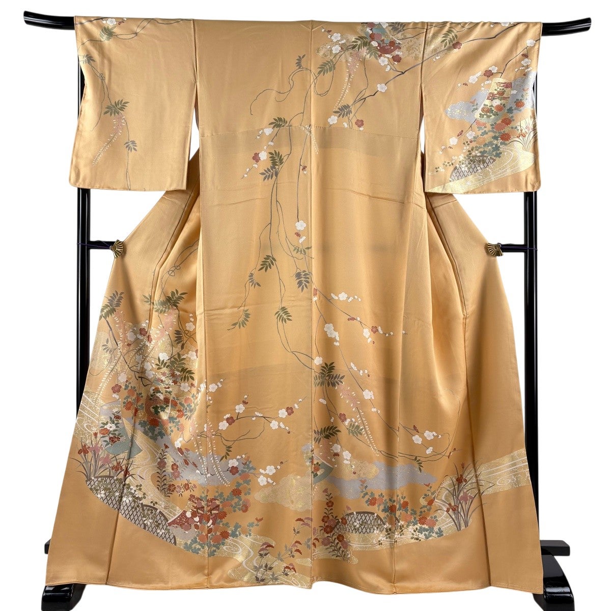 美品】 訪問着 身丈166.5cm 裄丈69cm L 袷 誰が袖 菊 金彩 オレンジ
